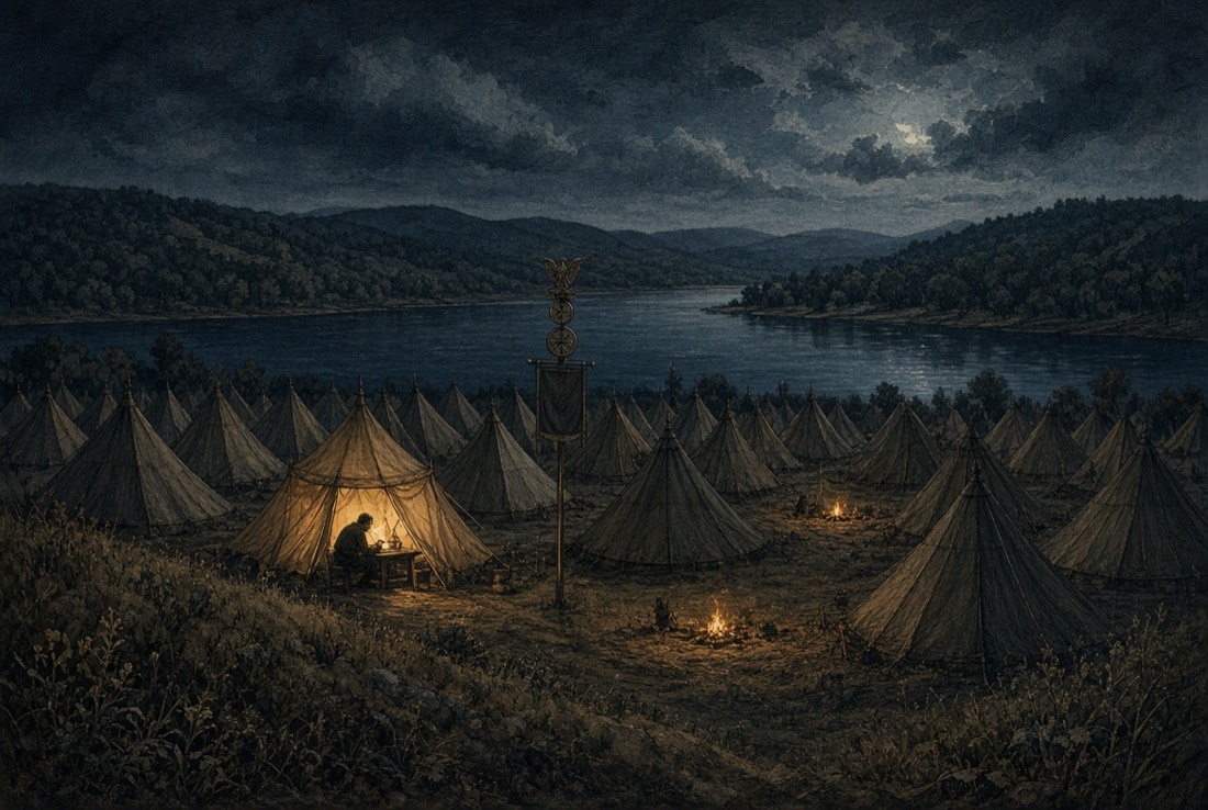A Roman marching camp at night beside a wide river, rows of dark tents under broken cloud, a standard at the centre, and one tent lit from within where a man sits writing.