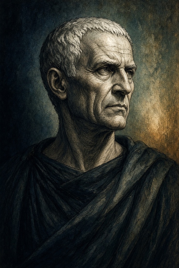 An elderly Roman patrician in a dark toga, lined face, close-cropped white hair, lit from the right.