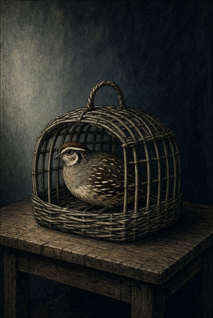 A live quail in a wicker cage on a plain wooden table, lit coldly from the left.