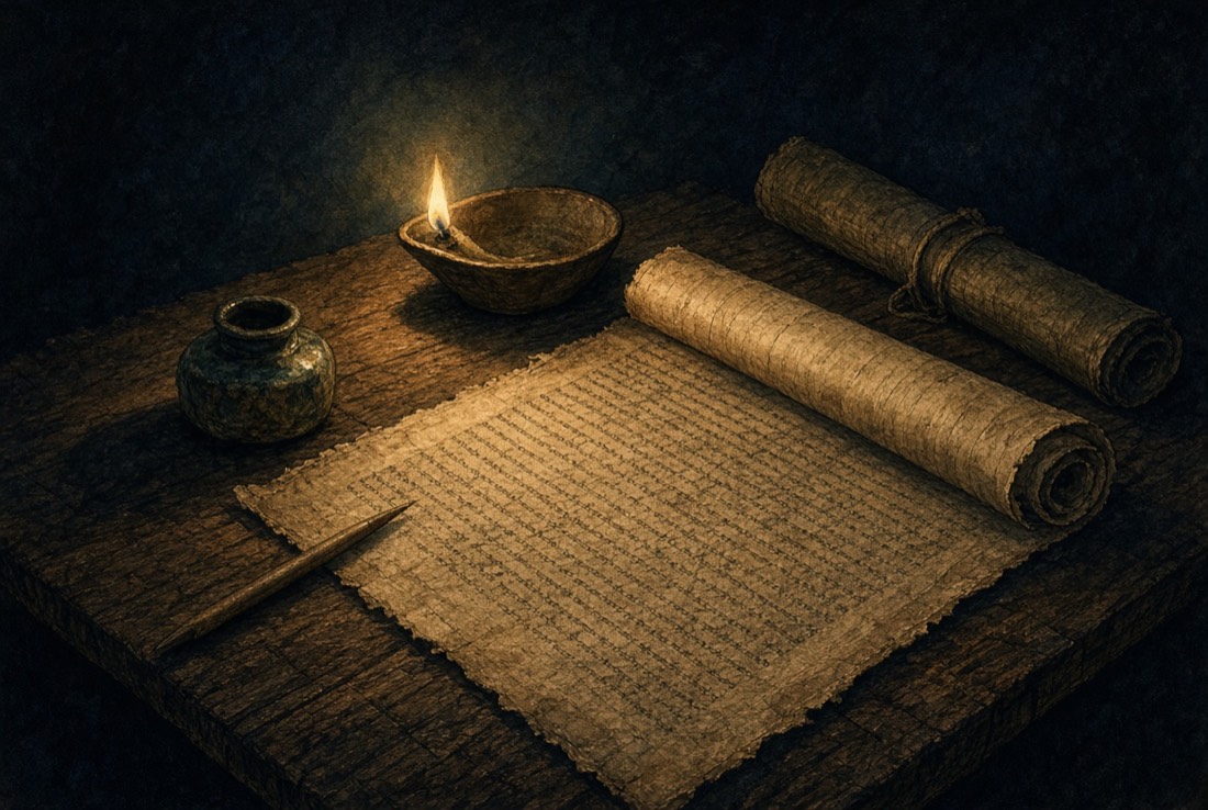 A papyrus scroll unrolled on a desk beside a rolled scroll, a reed pen and an ink pot, lit by one clay lamp.