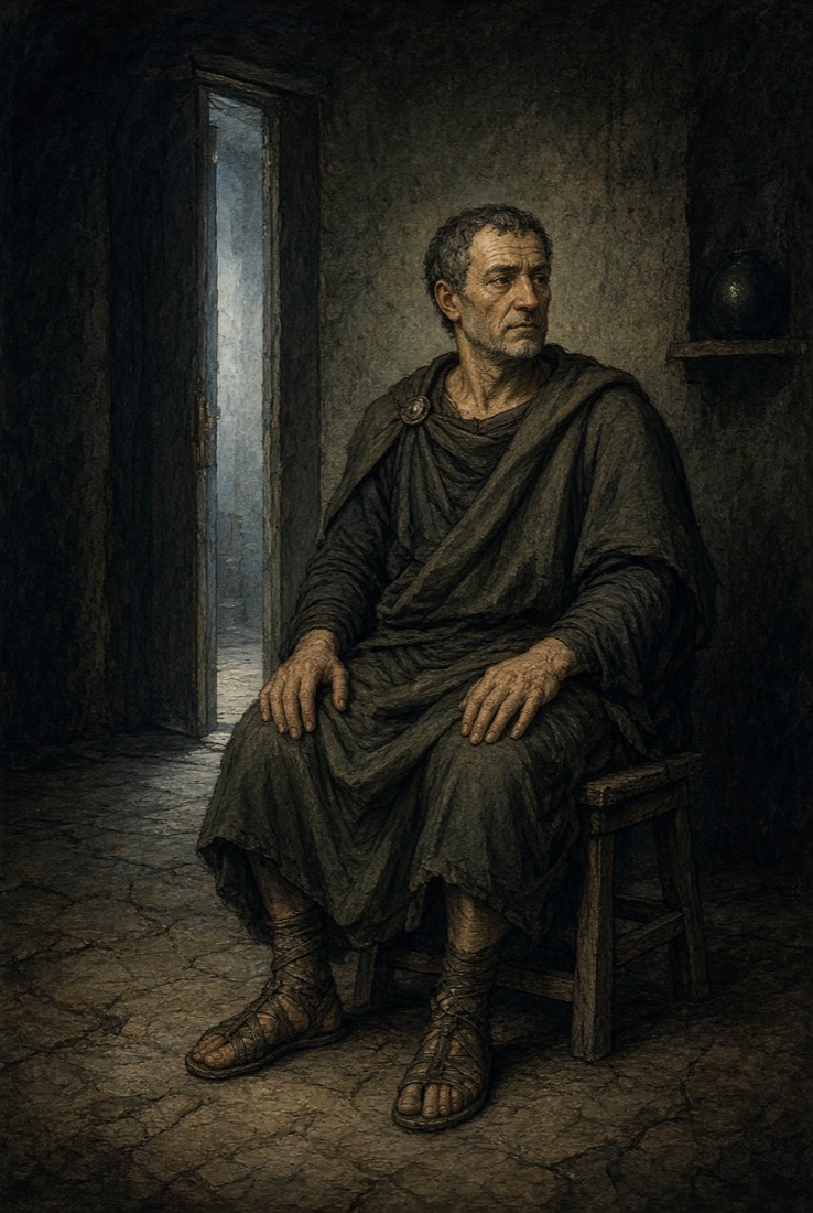 A Roman man seated upright on a plain stool in a bare room, light falling through a doorway behind him.