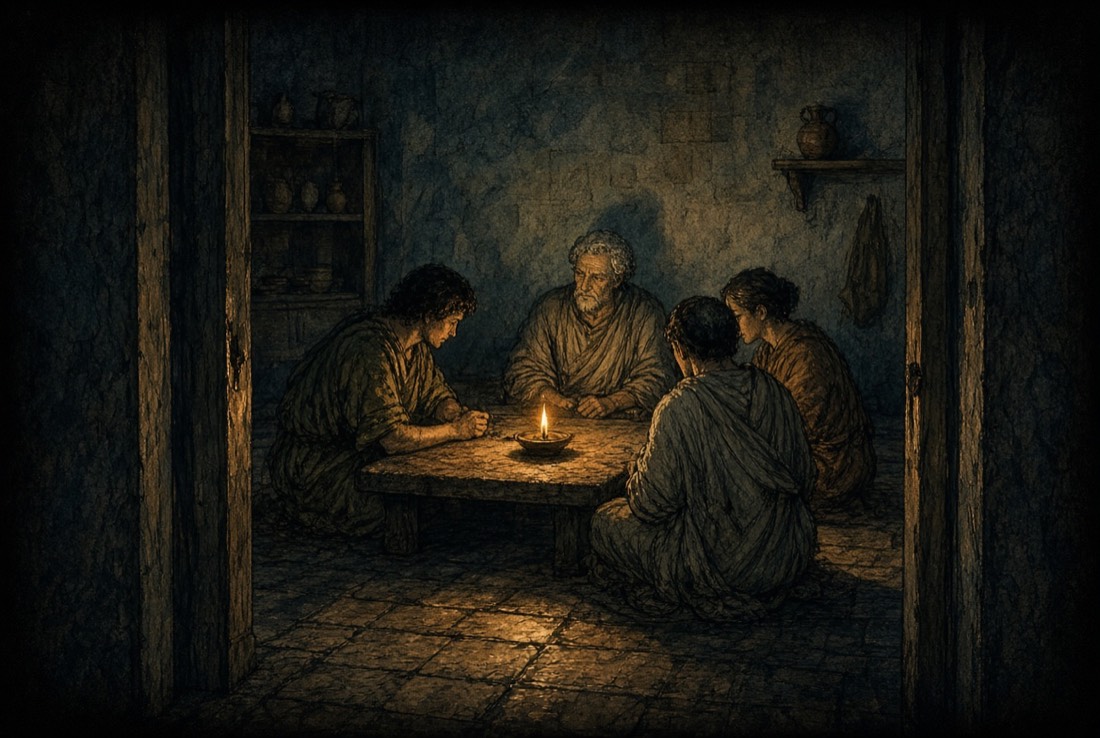 Four figures of different ages around a low table by a single lamp, seen from a doorway.
