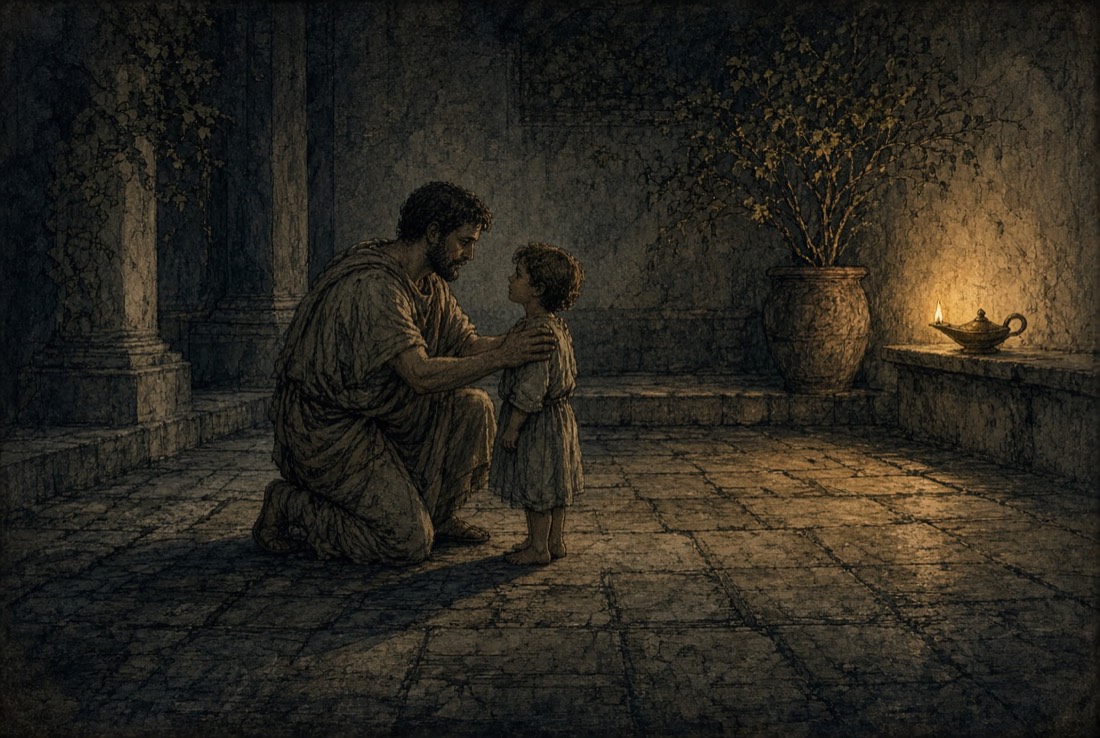 A Roman father kneeling to a small child in a courtyard at evening, hands on the child's shoulders.