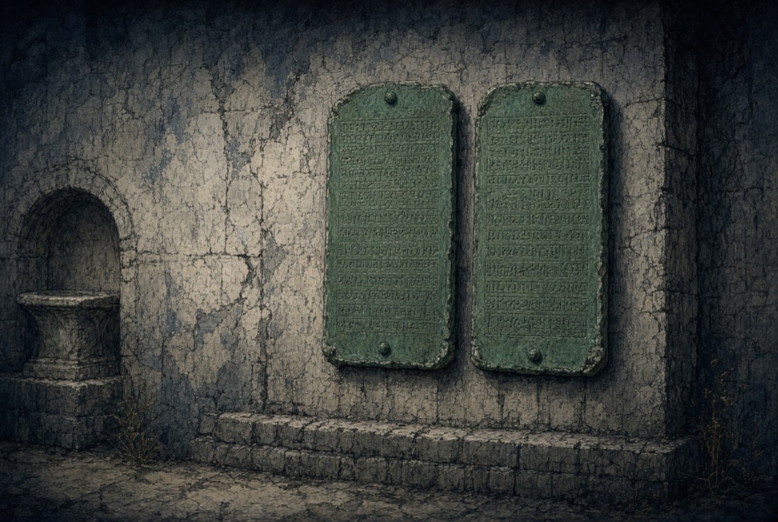 Two bronze law tablets, green with oxidation, fixed to a weathered stone wall.