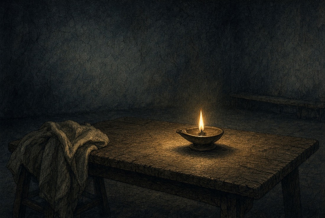 A clay oil lamp burning upright on a plain table in a cold bare room, a folded cloak on a stool.