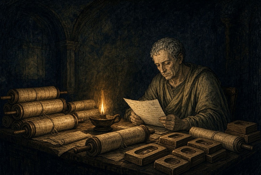 An older Roman reading a document alone by lamplight at a desk of scrolls and wax tablets.