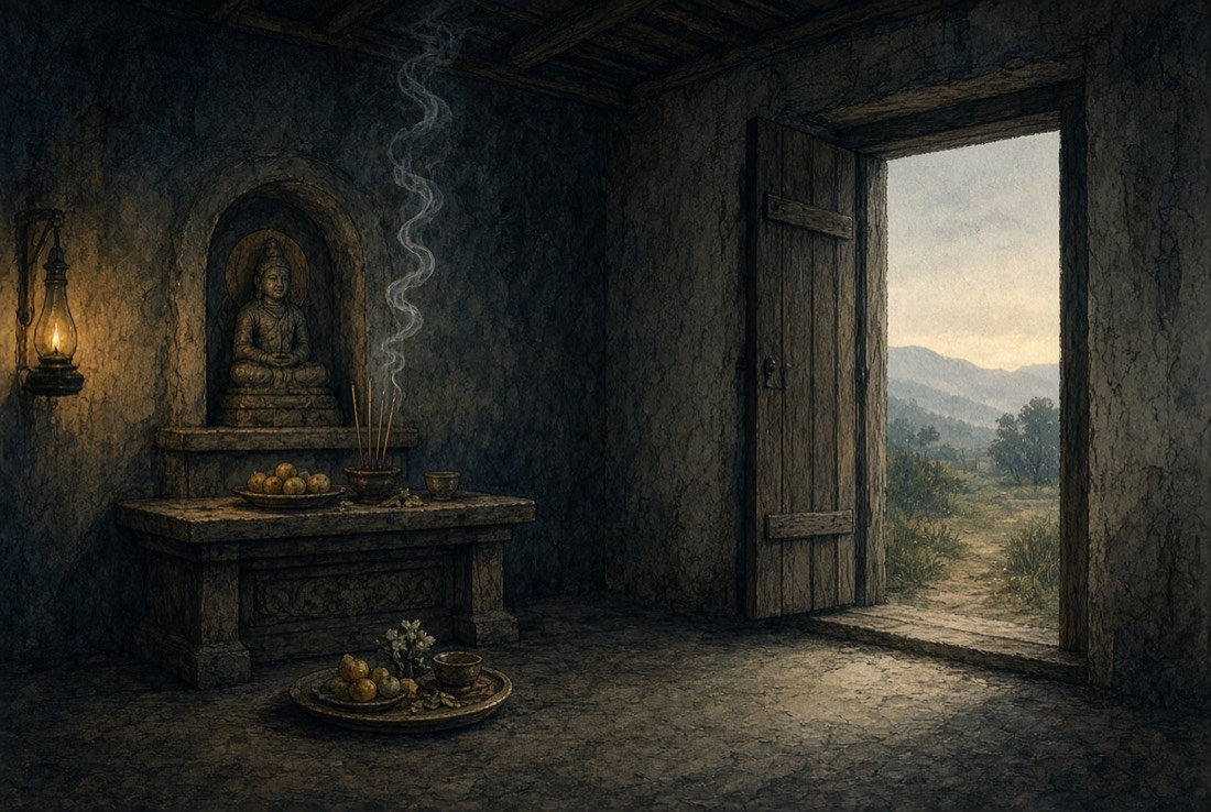 A household shrine at first light, a Roman figure in the niche, offerings laid before it, a door open to the dawn.